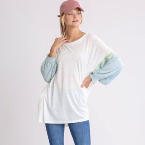 COLORBLOCK Balloon Sleeve Tunic Dress With A Scoop Neck-Off White